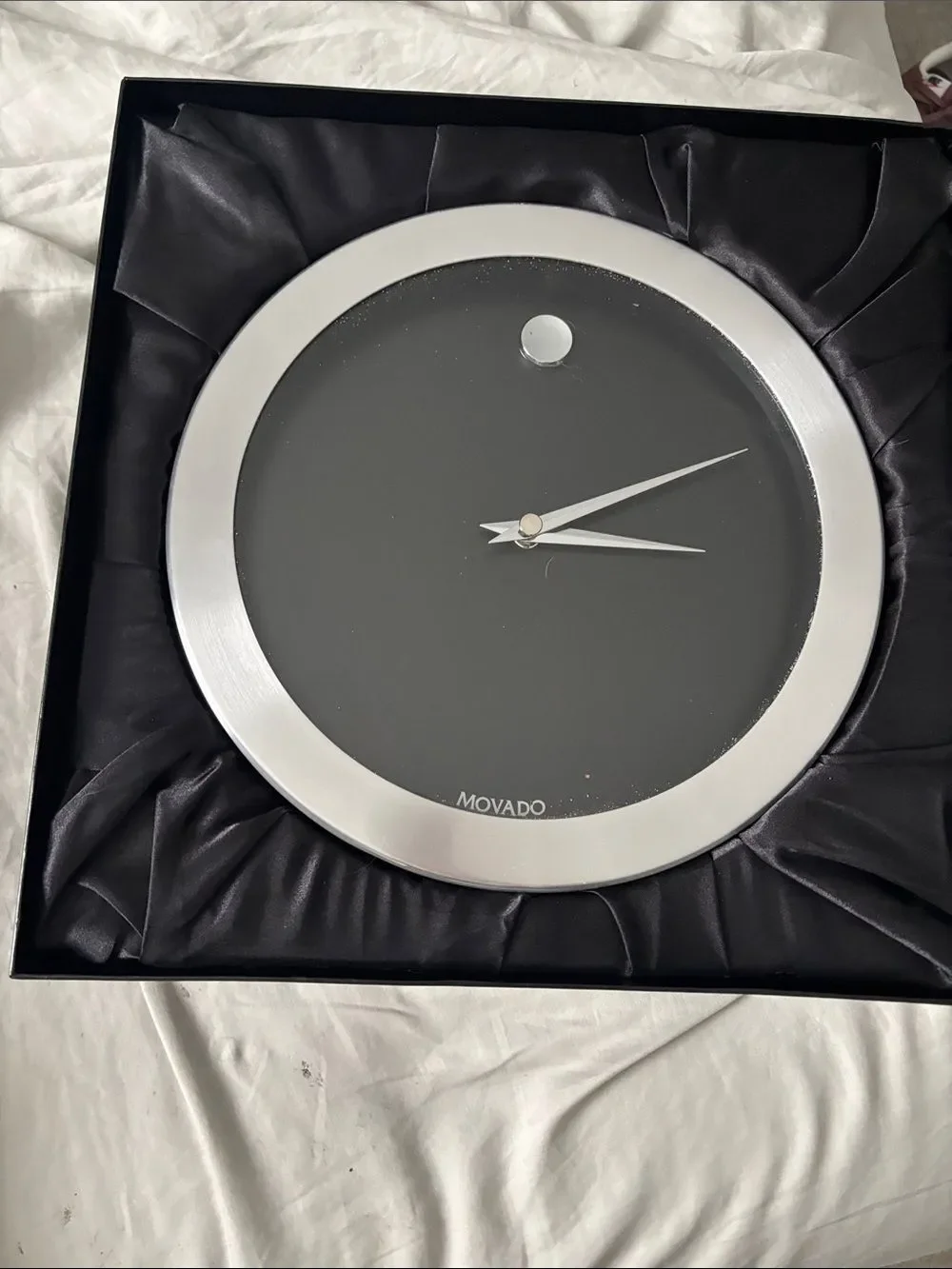 Movado Black Dial Wall Clock with Silver Rim original box with padding